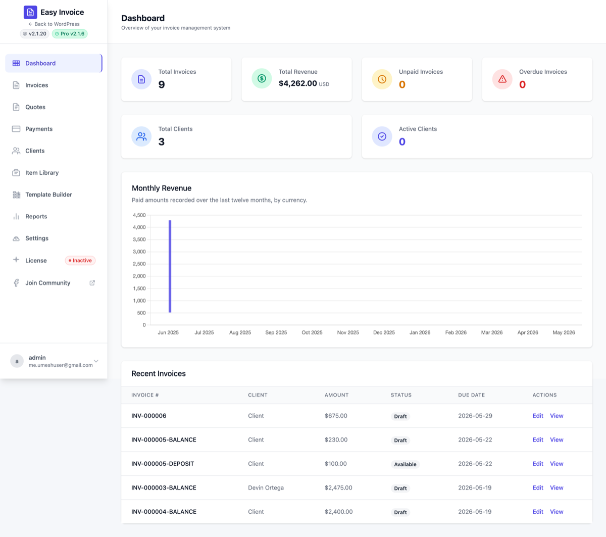 Easy Invoice admin menu — every sub-page in the sidebar