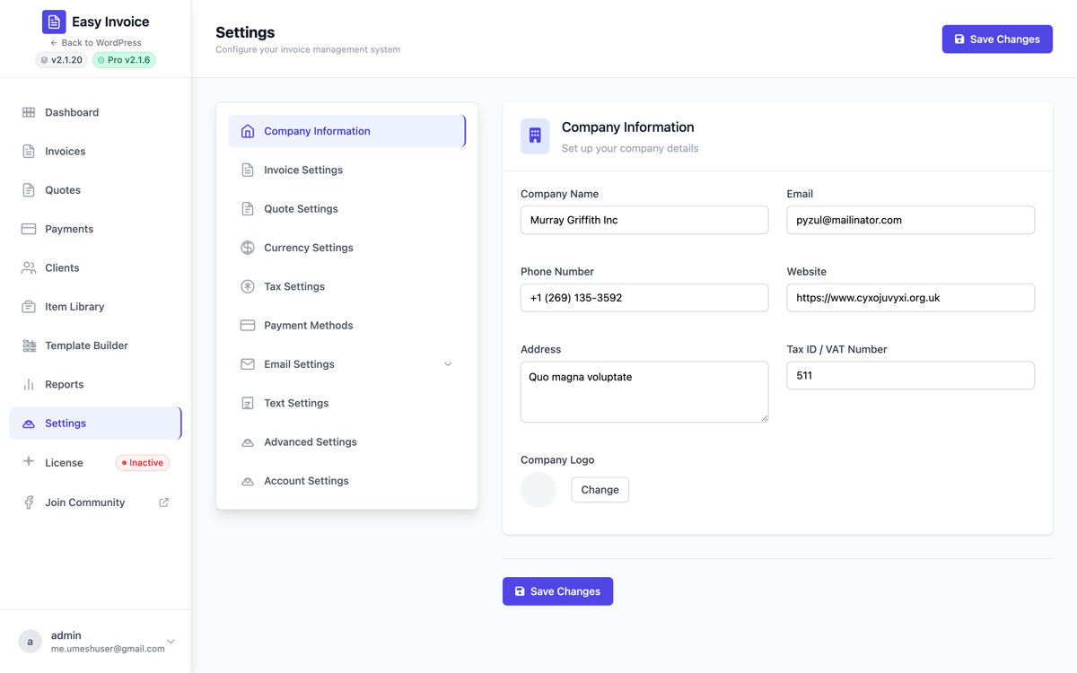 Company Information settings