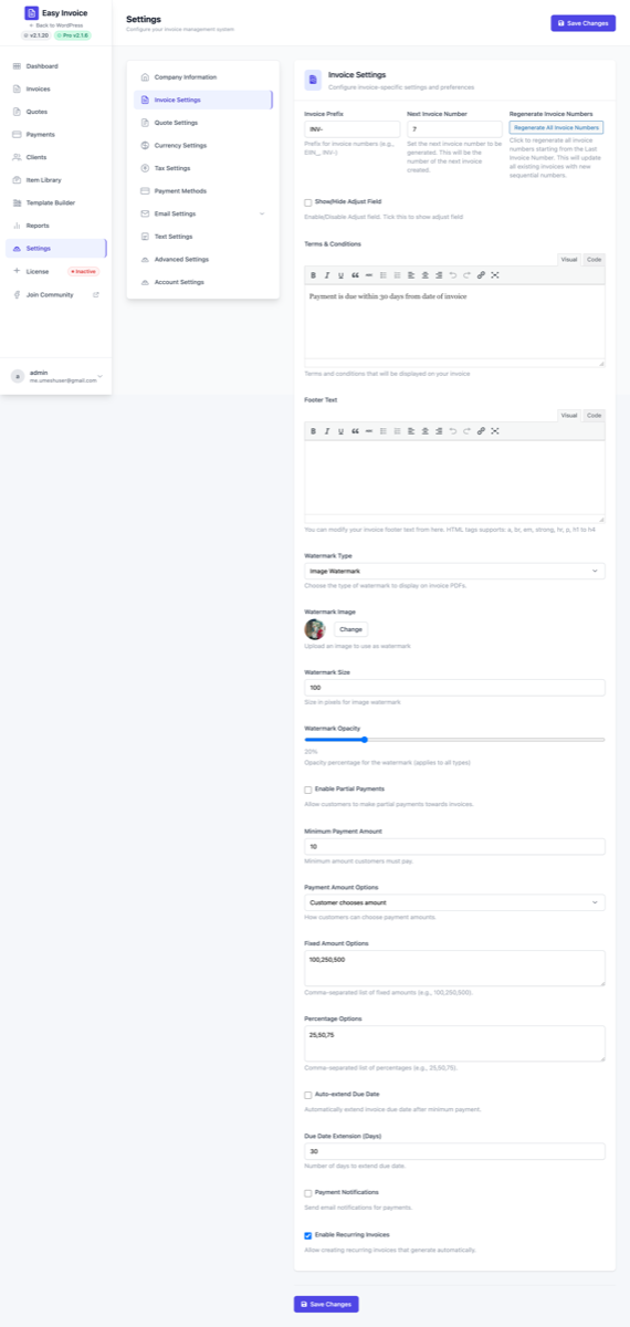 Invoice settings — numbering, terms, footer, and Pro toggles