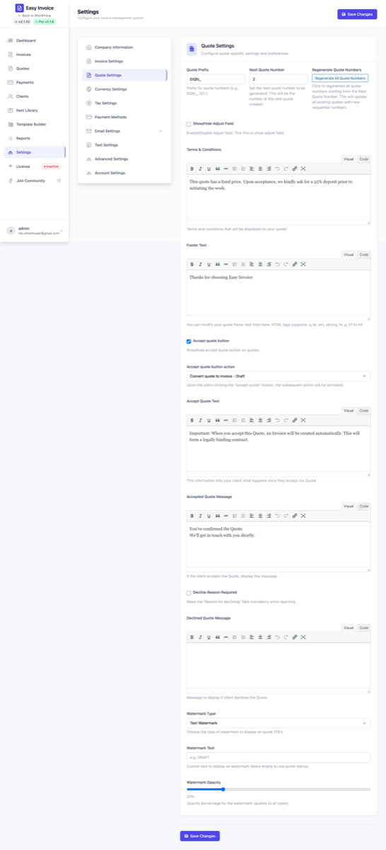 Quote settings — numbering, accept/decline behaviour, terms