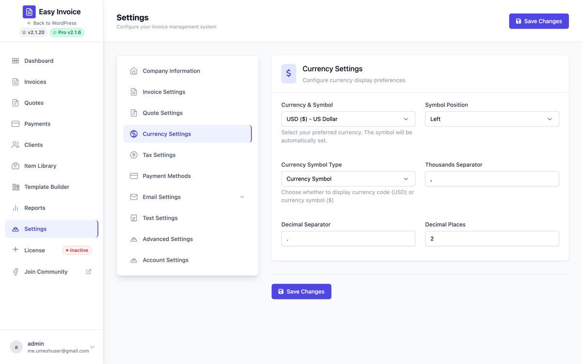 Currency settings — code, symbol position, separators, decimals