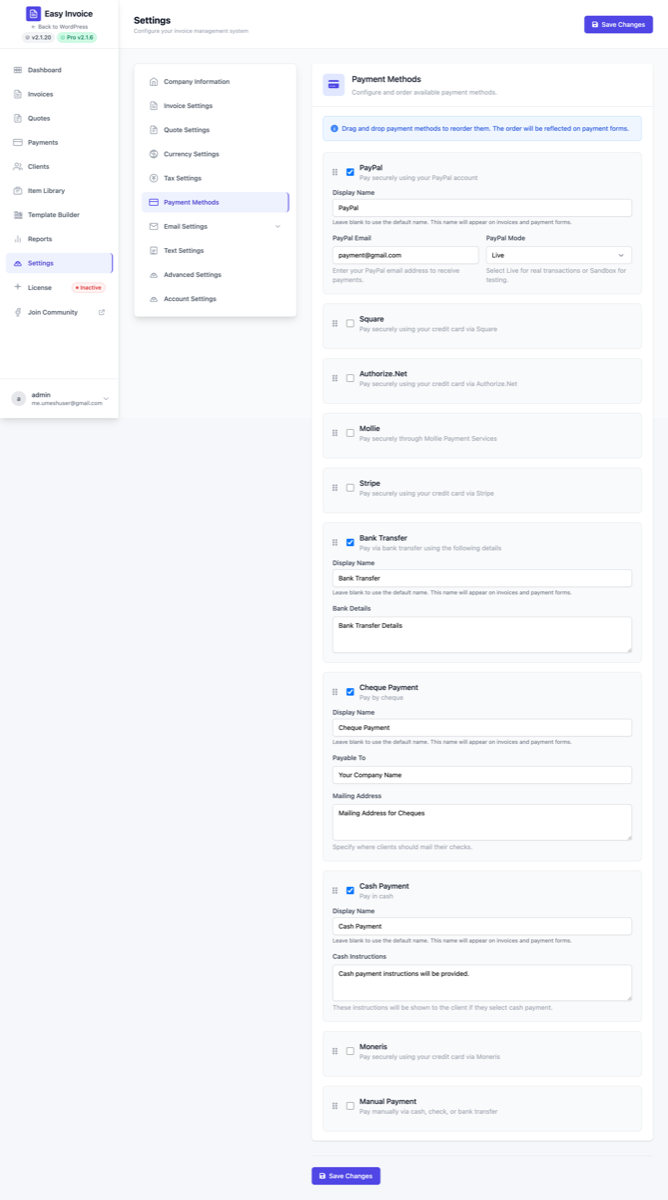 Payment methods — enable / reorder / rename each gateway, plus credentials