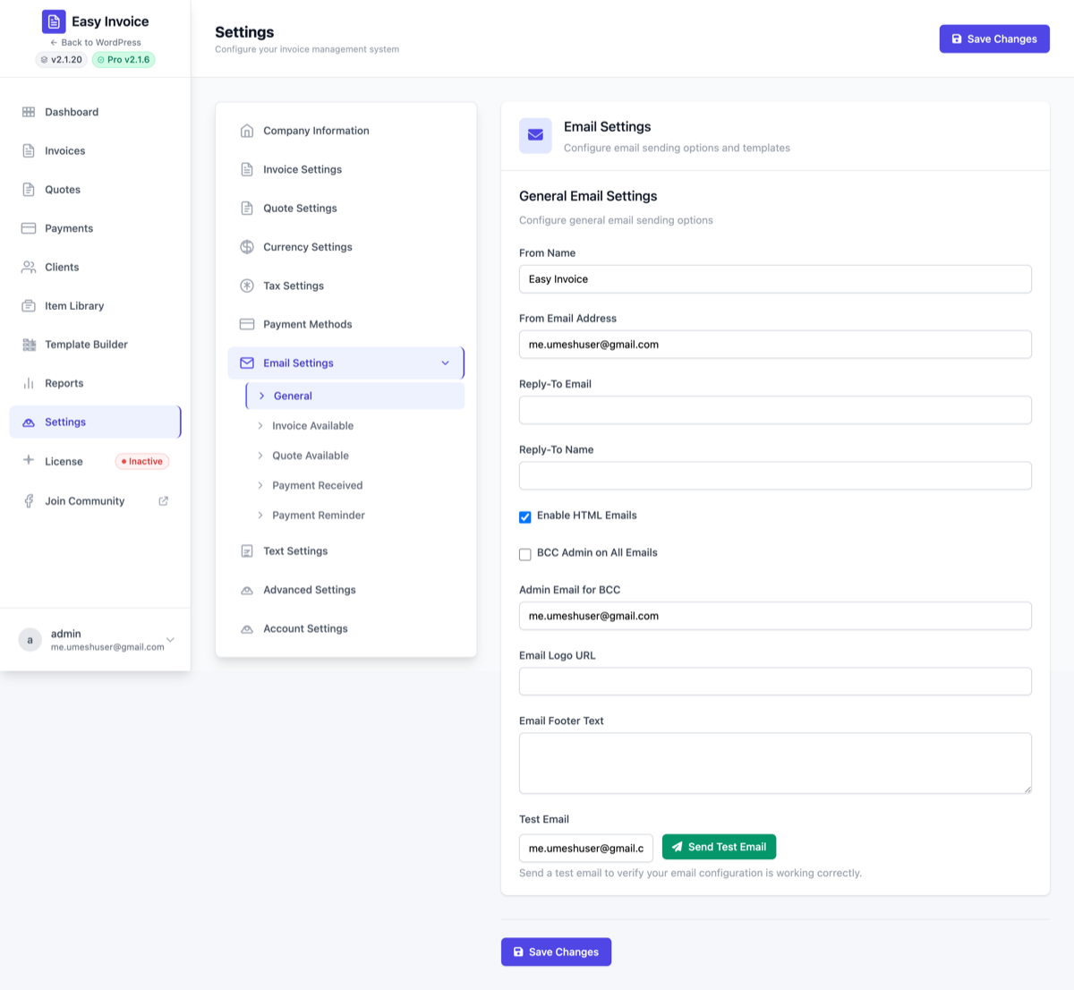Email → General settings — sender, reply-to, BCC, logo, footer