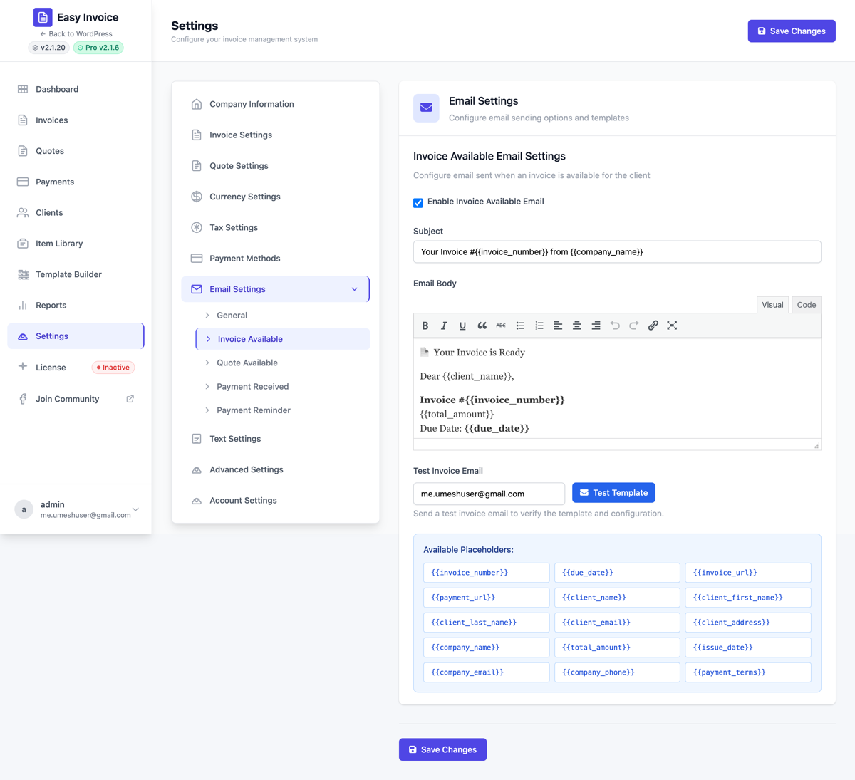 Email → Invoice Available template editor with smart tags