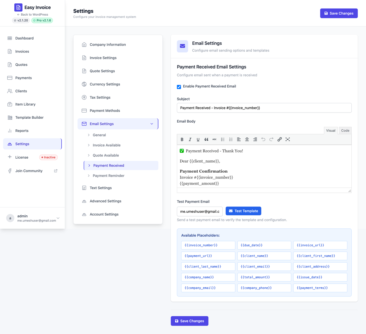 Email → Payment Received template editor