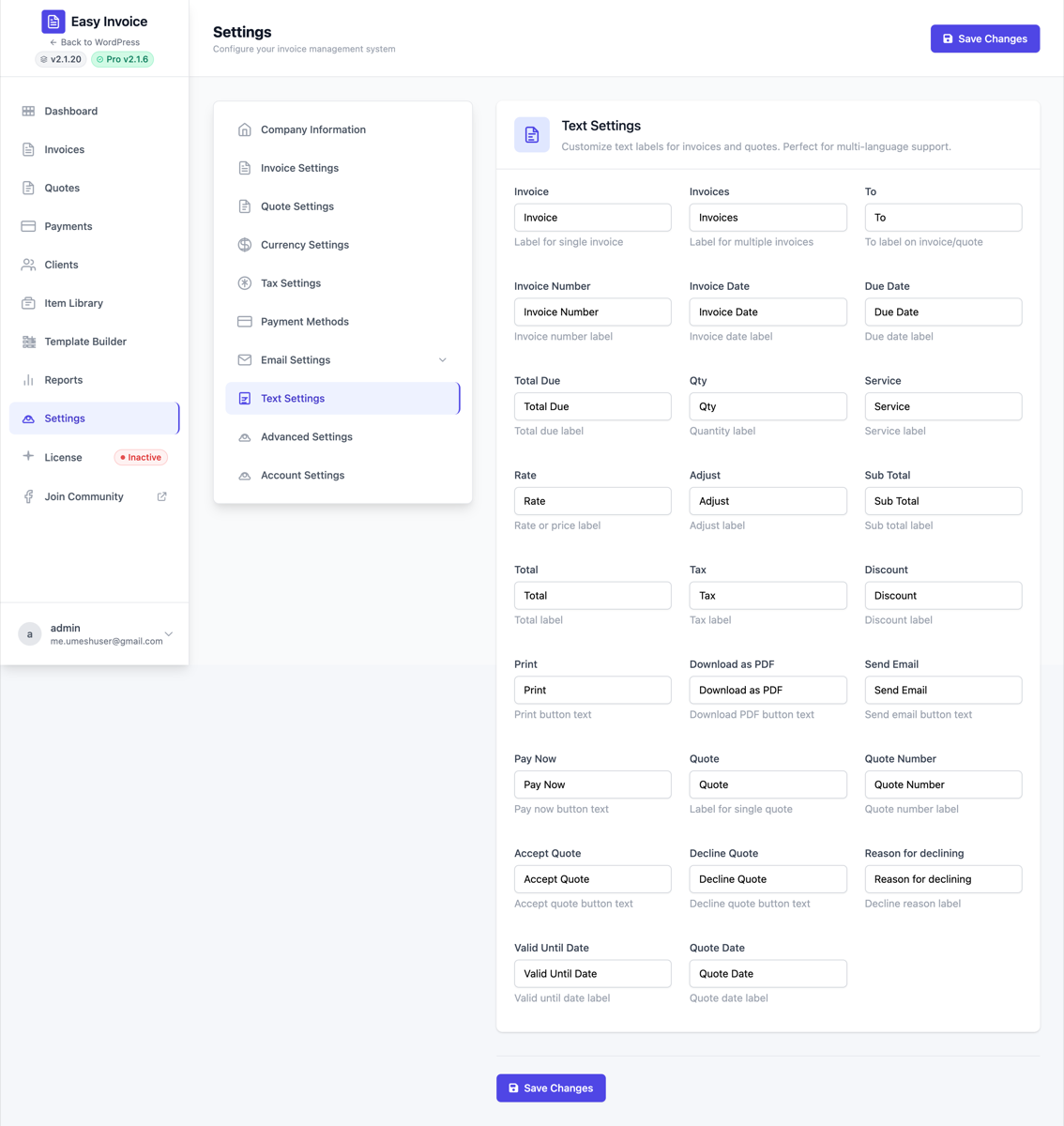 Text Settings — rename every invoice / quote label for localization