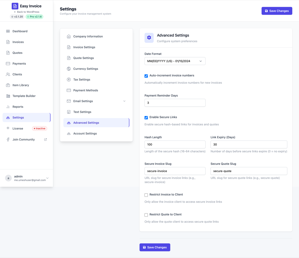 Advanced settings — date format, auto-increment, reminder days
