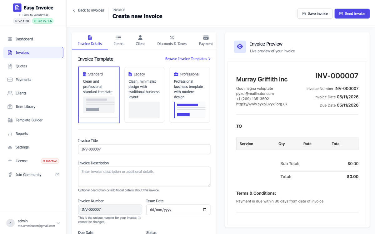 Invoice builder — partial payments and deposits configured per invoice