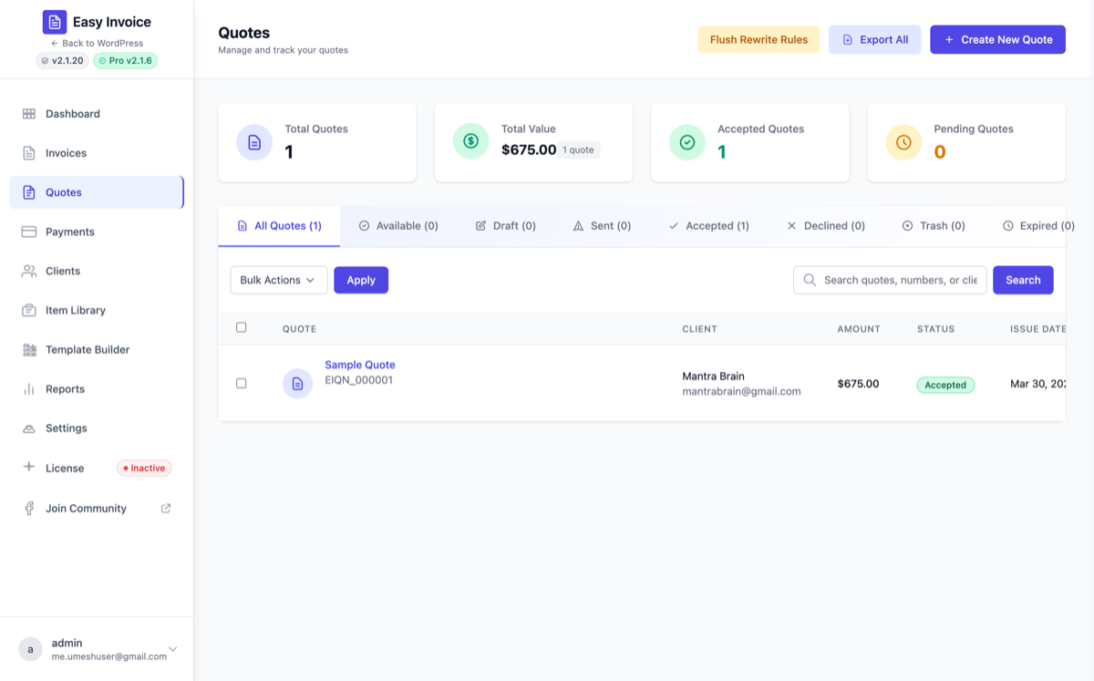 All Quotes — list view with status filters