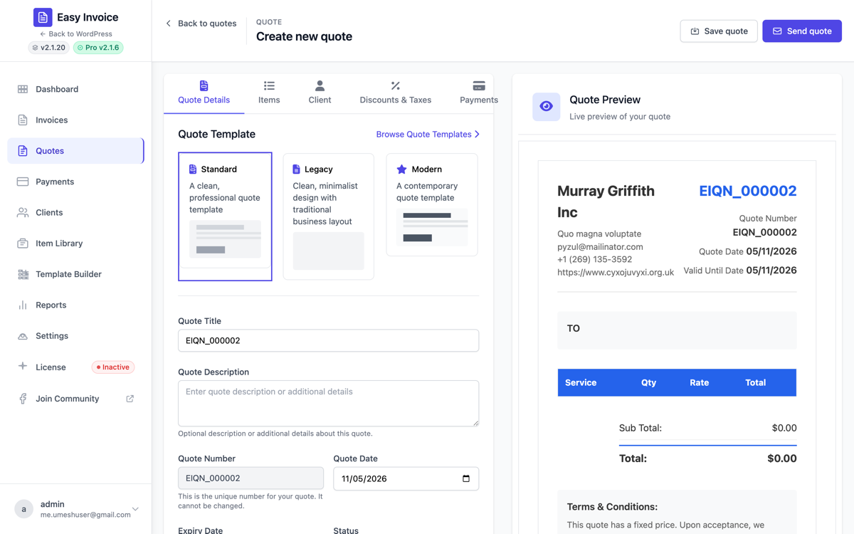 Quote Builder — five-tab editor with live total
