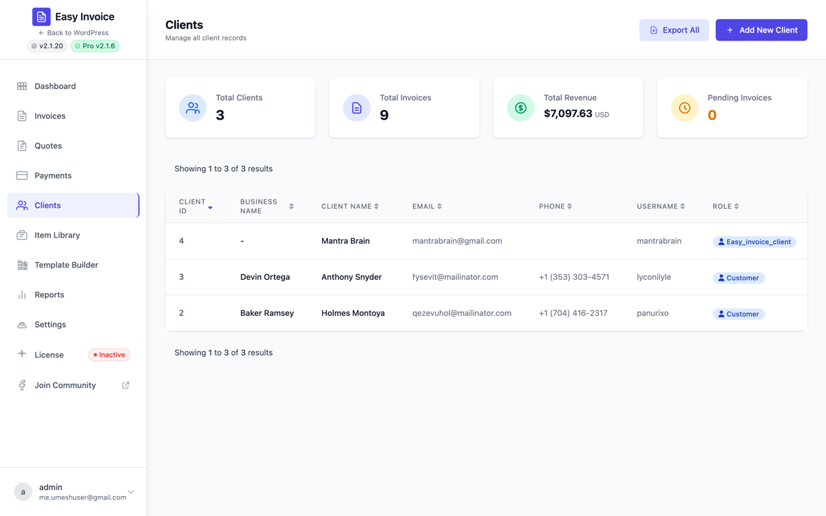Client list — every client gets a self-service portal once activated