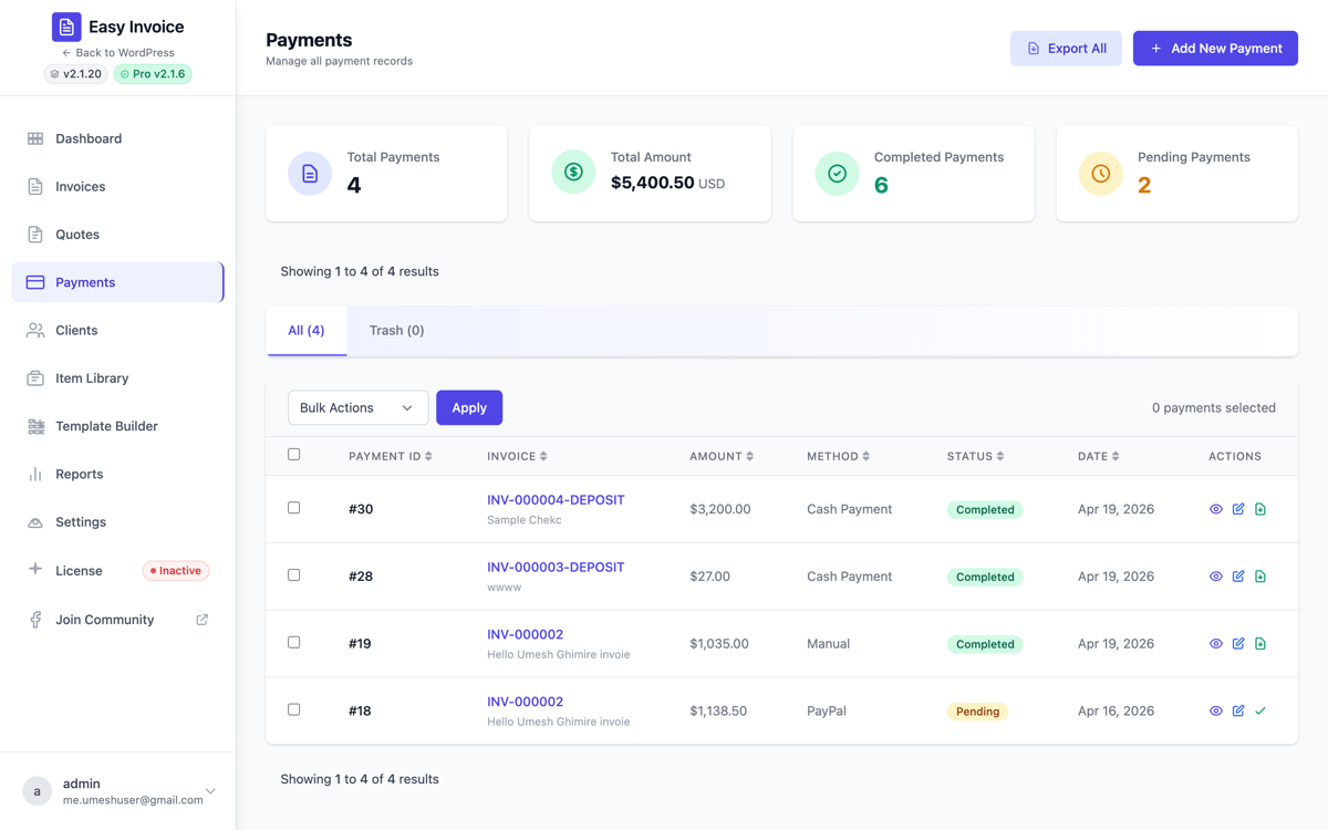 Payments — every recorded payment, with filters by status and method