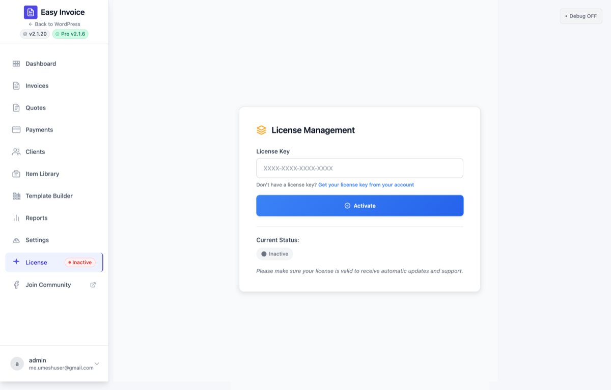 License page — enter your Easy Invoice Pro license key