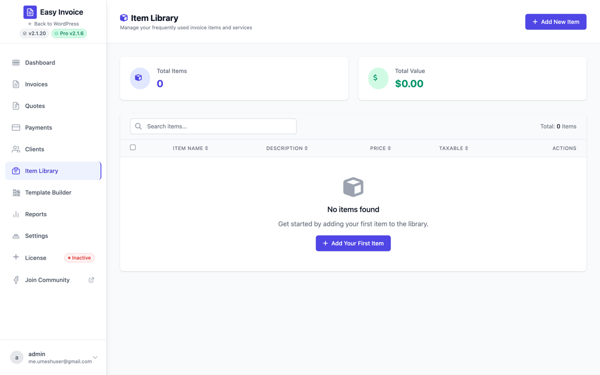 Item Library admin screen — saved services and products with prices