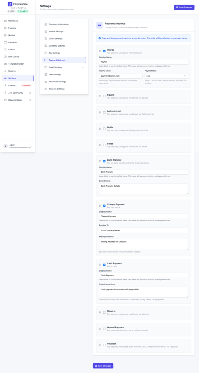 Paystack settings — live + test keys plus the ready-to-paste webhook URL