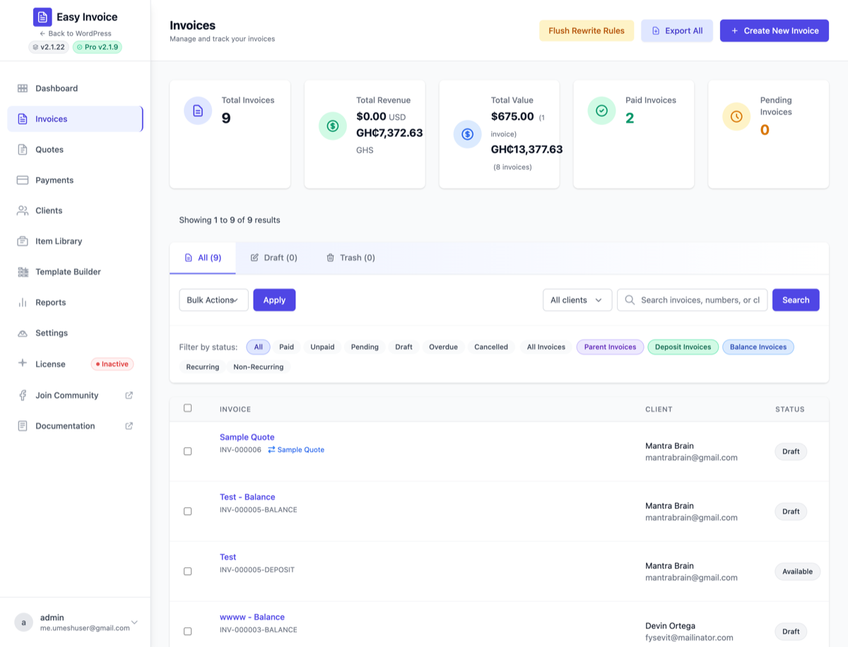 Bulk actions on the invoice list — filter by client, then email or export the whole selection