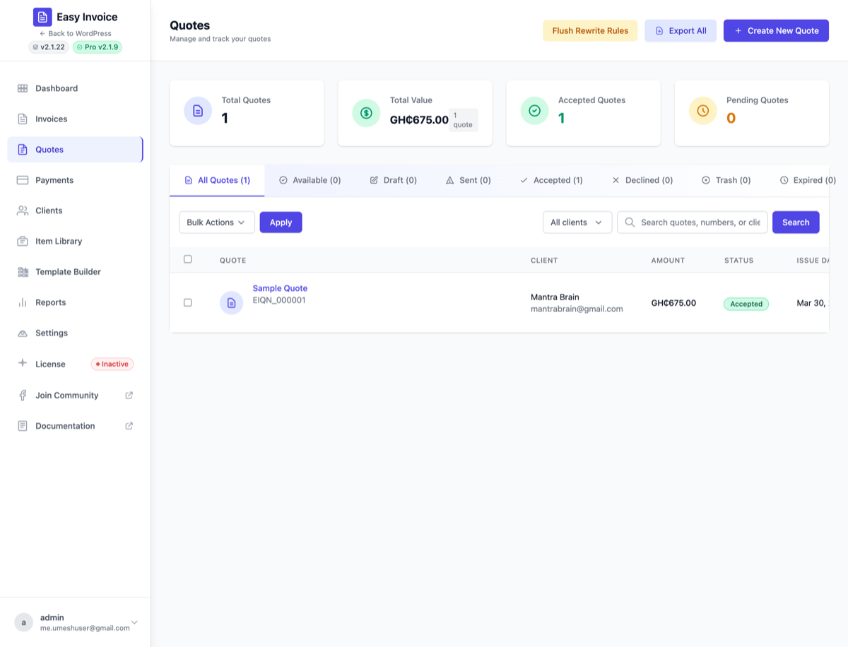 All Quotes — client filter, status tabs, and bulk Send Email